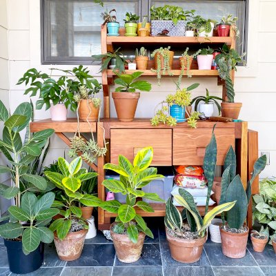 Eli's Redwood Potting Bench (Options: Standard Size, California Redwood, Casters, 2 Shelves, Both Sides Fold Down, Copper Inset for Both Drawers, No Engraving, No Removable Lid, Transparent Premium Sealant). 