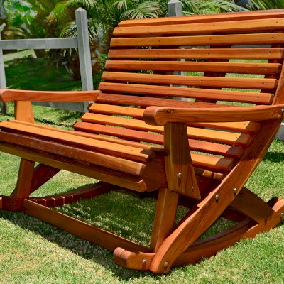 Ensenada Rocking Bench (Options: 4 ft L, California Redwood, No cushion, No Engraving, Transparent Premium Sealant).