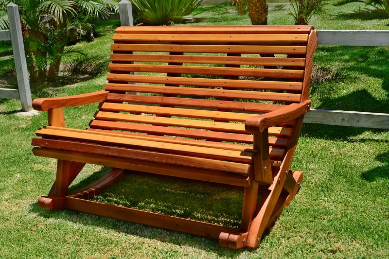 Ensenada Rocking Bench (Options: 4 ft L, California Redwood, No cushion, No Engraving, Transparent Premium Sealant). Ensenada Rocking Bench (Options: 4 ft L, California Redwood, No cushion, No Engraving, Transparent Premium Sealant).