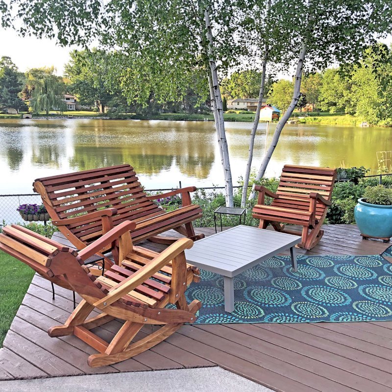 Ensenada Rocking Bench (Options: 4 ft L, California Redwood, No cushion, No Engraving, Transparent Premium Sealant). Photo also shows 2 Ensenada Rocking Benches. Photo Courtesy of D. Womack of White Bear Lake, Minnesota. Ensenada Rocking Bench (Options: 4 ft L, California Redwood, No cushion, No Engraving, Transparent Premium Sealant). Photo also shows 2 Ensenada Rocking Benches. Photo Courtesy of D. Womack of White Bear Lake, Minnesota.
