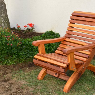 Ensenada Wood Easy Chair (Options: Standard Size, Mature Redwood, No Cushion, No Ottoman, Transparent Premium Sealant). Photo Courtesy of El Estero Beach Resort of Ensenada, Baja.