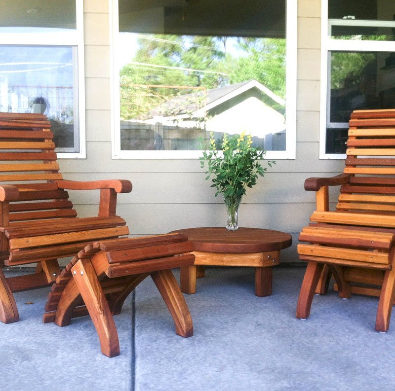 Ensenada Wood Easy Chair (Options: Standard Size, California Redwood, No Cushion, Ottoman, Transparent Premium Sealant). Photo also shows a Round Side Table.Ottomans placed in reverse by customer. They like it this way and we don't argue with our customers! Ensenada Wood Easy Chair (Options: Standard Size, California Redwood, No Cushion, Ottoman, Transparent Premium Sealant). Photo also shows a Round Side Table.Ottomans placed in reverse by customer. They like it this way and we don't argue with our customers!