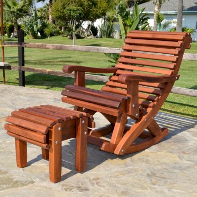 Ensenada Wooden Rocking Chair (Options: Standard Width, Old-Growth Redwood, No Cushion,Transparent Premium Sealant) and Flat Adirondack Ottoman (Options: Old-Growth Redwood, Transparent Premium Sealant). 