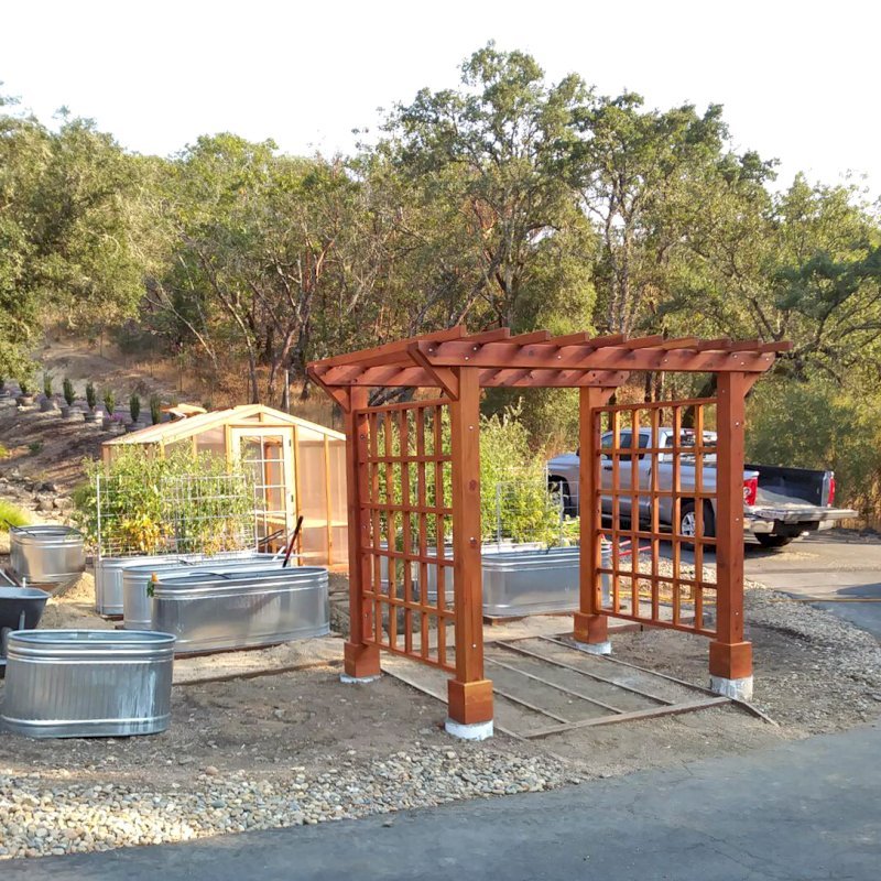 Custom Entryway Arbor (Options: 120" W, 84" D, California Redwood, 4-Post Archor Kit for Concrete, Transparent Premium Sealant) with 6 x 6 Posts and 2 x 6 Rafters by Custom Request. Photo Courtesy of K. Moore of Healdsburg, CA. Custom Entryway Arbor (Options: 120" W, 84" D, California Redwood, 4-Post Archor Kit for Concrete, Transparent Premium Sealant) with 6 x 6 Posts and 2 x 6 Rafters by Custom Request. Photo Courtesy of K. Moore of Healdsburg, CA.