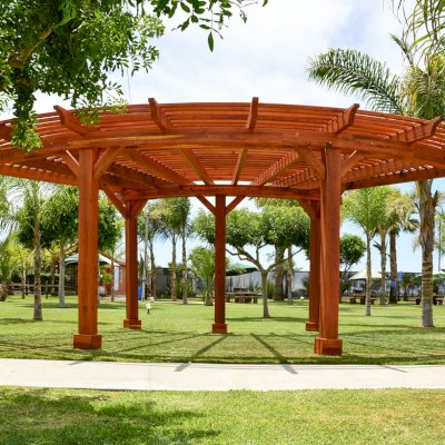 Fan Shaped Pergola Kit (Options: External Circumference of 31’ 1 1/4”, Mature Redwood, 2 3/8” x 7 1/4”, 8" x 8" x 9' Posts, Transparent Premium Sealant).