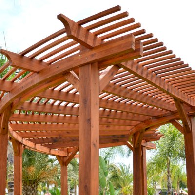 Fan Shaped Pergola Kit (Options: External Circumference of 31’ 1 1/4”, Mature Redwood, 2 3/8” x 7 1/4”, 8" x 8" x 9' Posts, Transparent Premium Sealant).