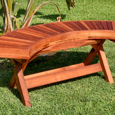 Folding Arc Wood Bench (Options: 52 inches, California Redwood [with a little Mosaic Redwood at the bottom of the seat by custom request], Transparent Premium Sealant). 