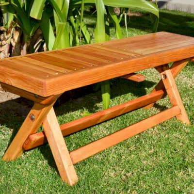 Folding Outdoor Wood Bench (Options: 4 ft, Douglas-fir, Checkerboard Design, Slightly Rounded Corners, Transparent Premium Sealant). 