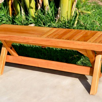 Folding Outdoor Wood Bench (Options: 4 ft, Douglas-fir, Checkerboard Design, Slightly Rounded Corners, Transparent Premium Sealant). 