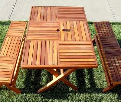 Folding Outdoor Wood Bench (Options: 4 1/2 ft, California Redwood, Checkerboard Design, Squared Corners, Transparent Premium Sealant) with Matching Rectangular Folding Table.