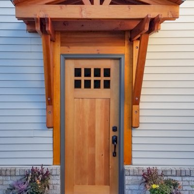 Forever Doors  (Options: 6' 8" H, 32" W, Douglas-fir, With Glass Installed by Customer in Site, Transparent Premium Sealant). Photo Also Shows a Custom Attached Mini Pavilion. Photo Courtesy of Michael Lapensee of South Lyon, Michigan.