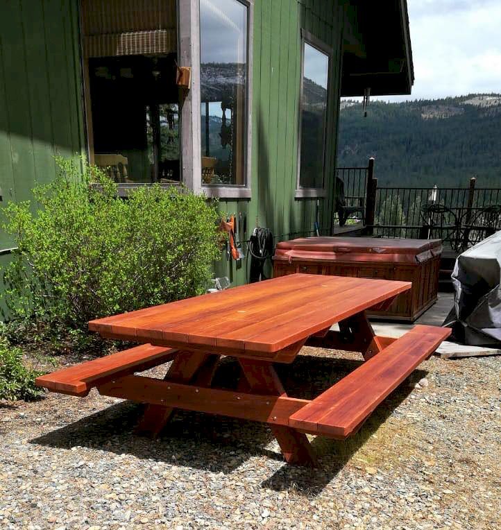 Custom Forever Picnic Tables (Attached Benches) (Options: 41 1/2" x 6', Mature Redwood, Standard Tabletop, 2 Umbrella Holes, Transparent Premium Sealant). Custom Forever Picnic Tables (Attached Benches) (Options: 41 1/2" x 6', Mature Redwood, Standard Tabletop, 2 Umbrella Holes, Transparent Premium Sealant).