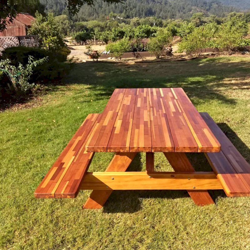 Forever Picnic Tables (Attached Benches) (Options: 6' L, 36" W, Side Benches, Mosaic Eco-Wood, Standard Tabletop, Rounded Corners, 2" Umbrella Hole, Transparent Premium Sealant, No ADA Accessible). Photo Courtesy of D. Eckert of Healdsburg, California. Forever Picnic Tables (Attached Benches) (Options: 6' L, 36" W, Side Benches, Mosaic Eco-Wood, Standard Tabletop, Rounded Corners, 2" Umbrella Hole, Transparent Premium Sealant, No ADA Accessible). Photo Courtesy of D. Eckert of Healdsburg, California.