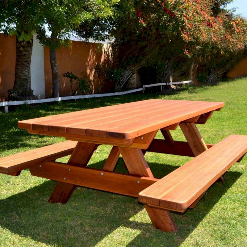 Forever Picnic Tables (Attached Benches) (Options:7' L, 34 1/2" W, Side Benches, Mature Redwood, Standard Tabletop, Slightly Rounded Corners, No Umbrella Hole, Transparent Premium Sealant). Forever Picnic Tables (Attached Benches) (Options:7' L, 34 1/2" W, Side Benches, Mature Redwood, Standard Tabletop, Slightly Rounded Corners, No Umbrella Hole, Transparent Premium Sealant).