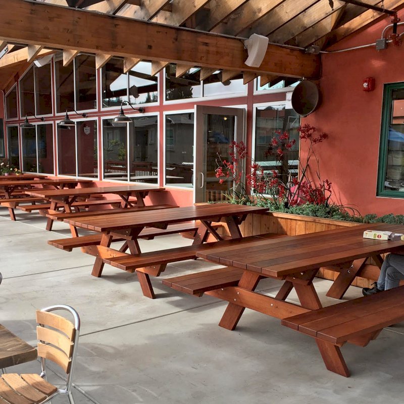 Custom Forever Picnic Tables (Attached Benches) (Options: Old-Growth Redwood, Benches Extra Wide by Custom Request, Transparent Premium Sealant). Photo Courtesy of Chow's Restaurant in 3770 Piedmont Avenue, Oakland, CA. Custom Forever Picnic Tables (Attached Benches) (Options: Old-Growth Redwood, Benches Extra Wide by Custom Request, Transparent Premium Sealant). Photo Courtesy of Chow's Restaurant in 3770 Piedmont Avenue, Oakland, CA.