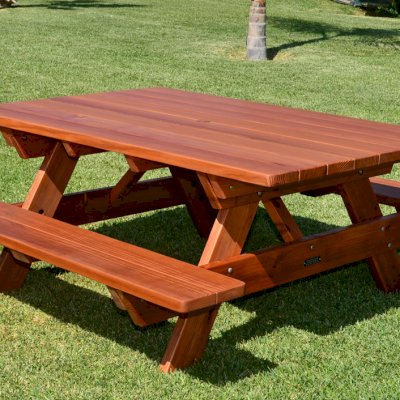 Forever Picnic Tables (Attached Benches) (Options: 6' L, 46" W, Side Benches, Mature Redwood, Standard Tabletop, Rounded Corners, Umbrella Hole, Transparent Premium Sealant).