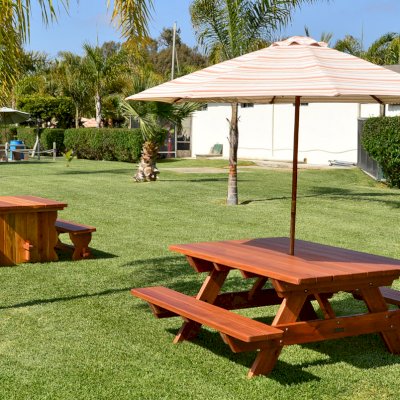 Forever Picnic Tables (Attached Benches) (Options: 6' L, 46" W, Side Benches, Mature Redwood, Standard Tabletop, Rounded Corners, Umbrella Hole, Transparent Premium Sealant). Photo also shows a Trestle Table in background. Umbrella not included. 