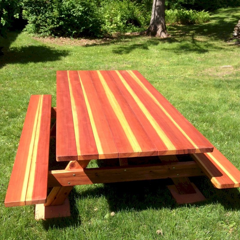 Forever Picnic Tables (Attached Benches) (Options: 8' L, 46" W, Side Benches, California Redwood, Standard Tabletop, Slightly Rounded Corners, No Umbrella Hole, Transparent Premium Sealant). Photo Courtesy of Dr. Joe De Simone of Slate Hill, NY. Forever Picnic Tables (Attached Benches) (Options: 8' L, 46" W, Side Benches, California Redwood, Standard Tabletop, Slightly Rounded Corners, No Umbrella Hole, Transparent Premium Sealant). Photo Courtesy of Dr. Joe De Simone of Slate Hill, NY.