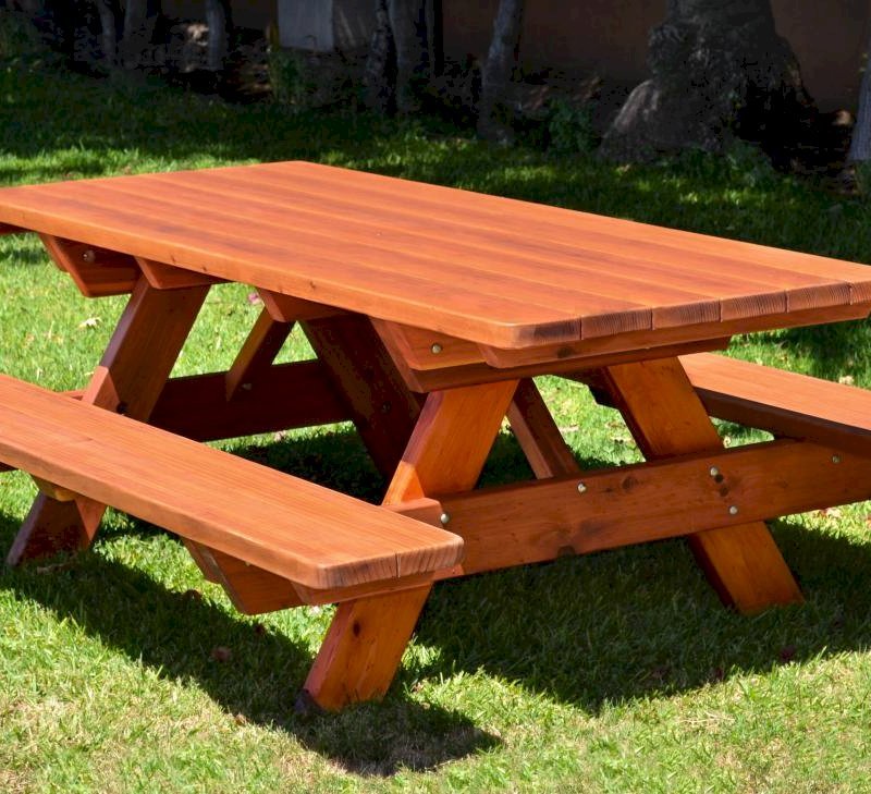 Forever Picnic Tables (Attached Benches) (Options:7' L, 34 1/2" W, Side Benches, Mature Redwood, Standard Tabletop, Slightly Rounded Corners, No Umbrella Hole, Transparent Premium Sealant). Forever Picnic Tables (Attached Benches) (Options:7' L, 34 1/2" W, Side Benches, Mature Redwood, Standard Tabletop, Slightly Rounded Corners, No Umbrella Hole, Transparent Premium Sealant).
