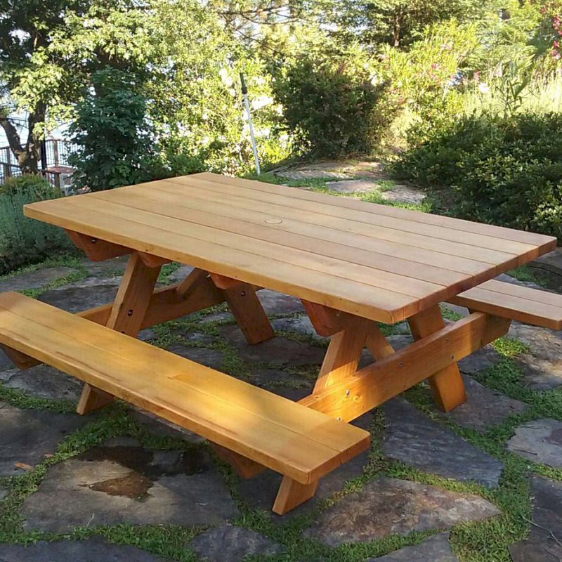 Forever Picnic Tables (Attached Benches) (Options: 6' L, 40 1/4" W, Attached Side Benches, Douglas-fir, Standard Tabletop, Slightly Rounded Corners, 2" Diamenter Umbrella Hole, Transparent Premium Sealant). Photo Courtesy of R. Rogers of Auburn, CA. Forever Picnic Tables (Attached Benches) (Options: 6' L, 40 1/4" W, Attached Side Benches, Douglas-fir, Standard Tabletop, Slightly Rounded Corners, 2" Diamenter Umbrella Hole, Transparent Premium Sealant). Photo Courtesy of R. Rogers of Auburn, CA.