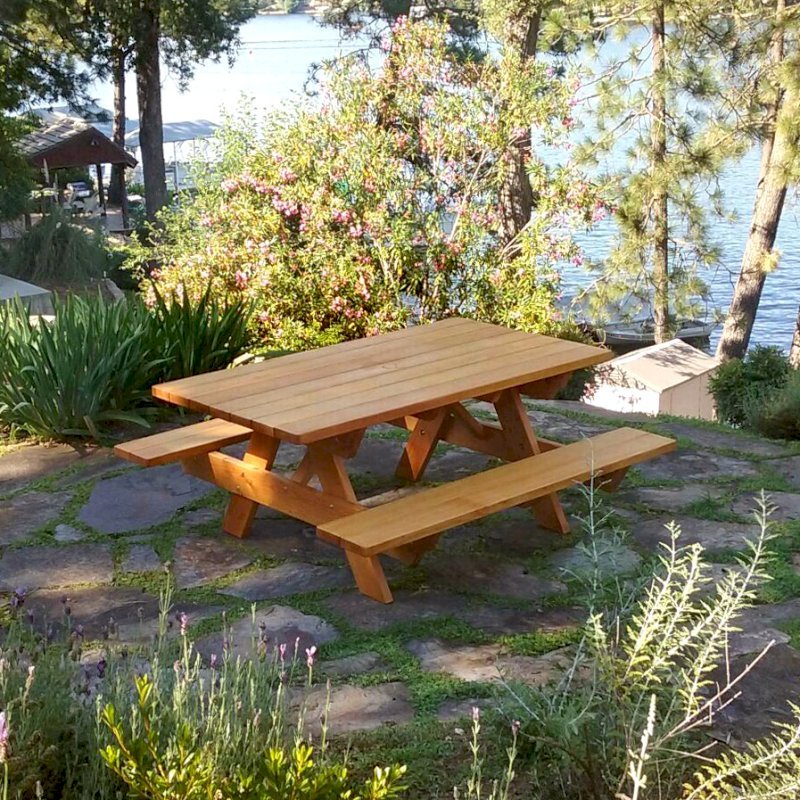 Forever Picnic Tables (Attached Benches) (Options: 6' L, 40 1/4" W, Attached Side Benches, Douglas-fir, Standard Tabletop, Slightly Rounded Corners, 2" Diamenter Umbrella Hole, Transparent Premium Sealant). Photo Courtesy of R. Rogers of Auburn, CA. Forever Picnic Tables (Attached Benches) (Options: 6' L, 40 1/4" W, Attached Side Benches, Douglas-fir, Standard Tabletop, Slightly Rounded Corners, 2" Diamenter Umbrella Hole, Transparent Premium Sealant). Photo Courtesy of R. Rogers of Auburn, CA.