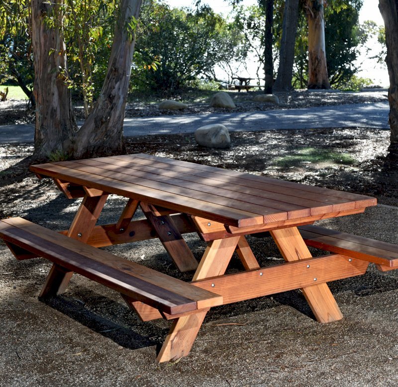 Forever Picnic Tables (Attached Benches) (Options: 8' L, 34 1/2" W, Side Benches, California Redwood, Standard Tabletop, Slightly Rounded Corners, No Umbrella Hole, Transparent Premium Sealant). Located at El Capitan State Beach near Santa Barbara, CA part of a 90 table installation completed in 2015. Forever Picnic Tables (Attached Benches) (Options: 8' L, 34 1/2" W, Side Benches, California Redwood, Standard Tabletop, Slightly Rounded Corners, No Umbrella Hole, Transparent Premium Sealant). Located at El Capitan State Beach near Santa Barbara, CA part of a 90 table installation completed in 2015.