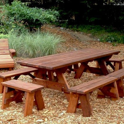Forever Picnic Tables (Unattached Benches) (Options: 8' L, 34 ½in W, Side and End Benches, Old-Growth Redwood, 2 Half Length Side Benches Per Side, Standard Tabletop, Slightly Rounded Corners, No Umbrella Hole, Transparent Sealant).