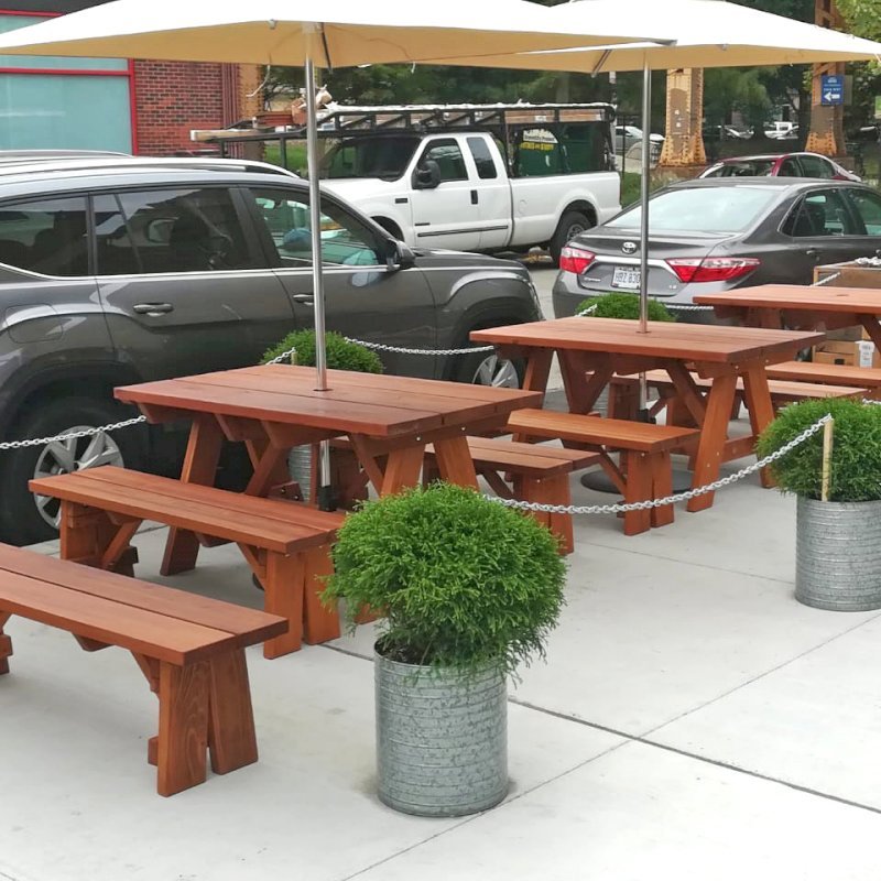 Custom Forever Picnic Tables (Unattached Benches) (Options: 5' L, 34 1/2" W, Old-Growth Redwood, 1 Full Length Bench Per Side, Standard Tabletop, Slightly Rounded Corners, Umbrella Hole, Table with an Extra Brace Underneath to Hold the Umbrella Stand, Transparent Premium). Photo Courtesy of A. Peterson of Chicago, Illinois. Custom Forever Picnic Tables (Unattached Benches) (Options: 5' L, 34 1/2" W, Old-Growth Redwood, 1 Full Length Bench Per Side, Standard Tabletop, Slightly Rounded Corners, Umbrella Hole, Table with an Extra Brace Underneath to Hold the Umbrella Stand, Transparent Premium). Photo Courtesy of A. Peterson of Chicago, Illinois.