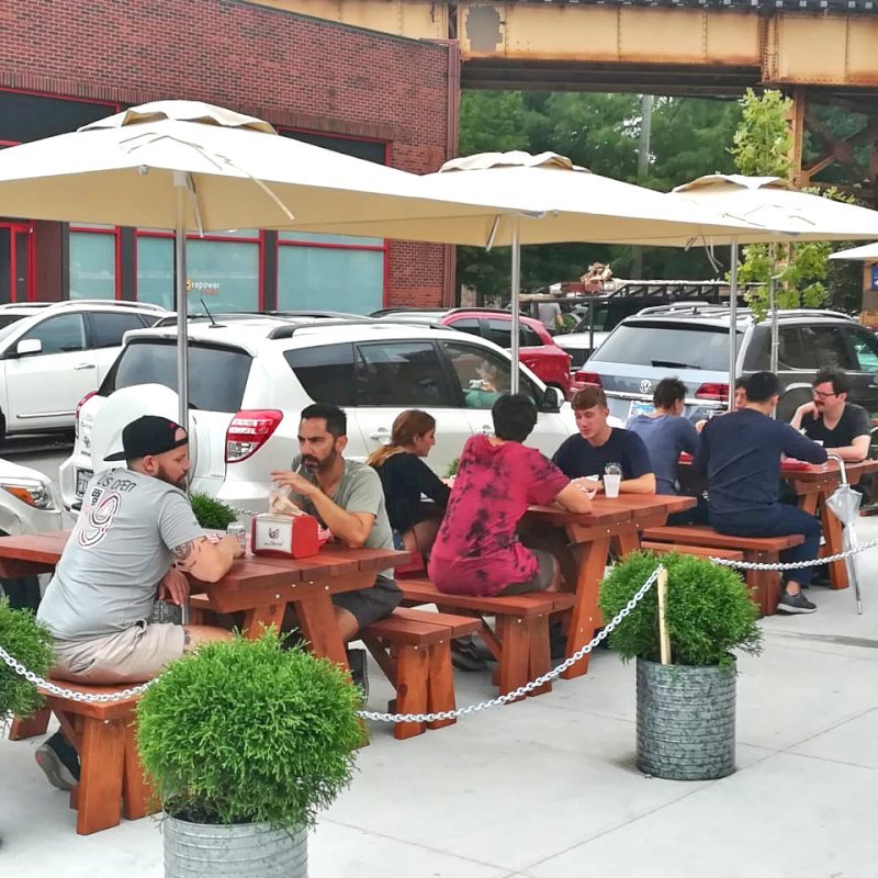 Custom Forever Picnic Tables (Unattached Benches) (Options: 5' L, 34 1/2" W, Old-Growth Redwood, 1 Full Length Bench Per Side, Standard Tabletop, Slightly Rounded Corners, Umbrella Hole, Table with an Extra Brace Underneath to Hold the Umbrella Stand, Transparent Premium). Photo Courtesy of A. Peterson of Chicago, Illinois. Custom Forever Picnic Tables (Unattached Benches) (Options: 5' L, 34 1/2" W, Old-Growth Redwood, 1 Full Length Bench Per Side, Standard Tabletop, Slightly Rounded Corners, Umbrella Hole, Table with an Extra Brace Underneath to Hold the Umbrella Stand, Transparent Premium). Photo Courtesy of A. Peterson of Chicago, Illinois.