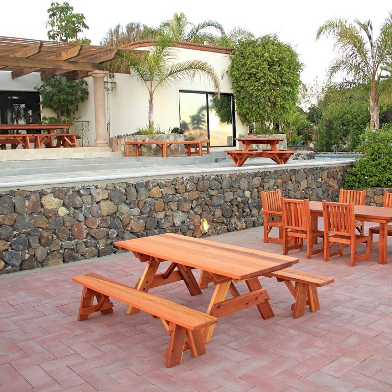 Forever Picnic Table Set with a San Francisco Patio Table Set, a Miramar Tree Bench, a Round Picnic Table and a Baja Table Set. Forever Picnic Table Set with a San Francisco Patio Table Set, a Miramar Tree Bench, a Round Picnic Table and a Baja Table Set.