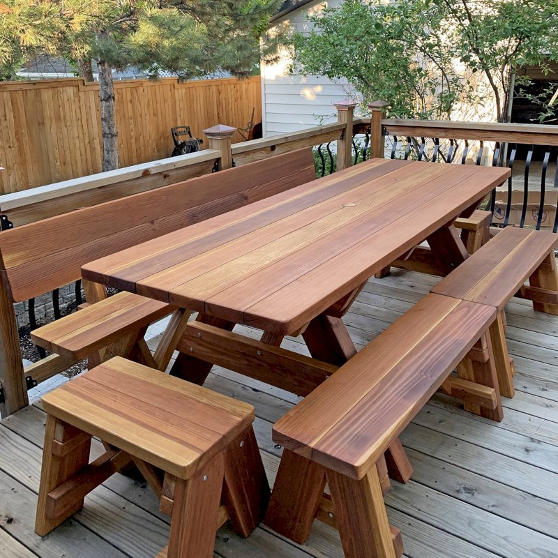 Forever Picnic Tables (Unattached Benches) (Options: 7' L, 34 ½" W, Side and End Benches, California Redwood, 1 Full Length Fullback Bench on One Side, and 2 Half Length Picnic Benches on the Other Side, Standard Tabletop, Squared Corners, 2" Diameter Umbrella Hole, Transparent Premium Sealant). Photo Courtesy of I. Miller of Longmont, Colorado. Forever Picnic Tables (Unattached Benches) (Options: 7' L, 34 ½" W, Side and End Benches, California Redwood, 1 Full Length Fullback Bench on One Side, and 2 Half Length Picnic Benches on the Other Side, Standard Tabletop, Squared Corners, 2" Diameter Umbrella Hole, Transparent Premium Sealant). Photo Courtesy of I. Miller of Longmont, Colorado.