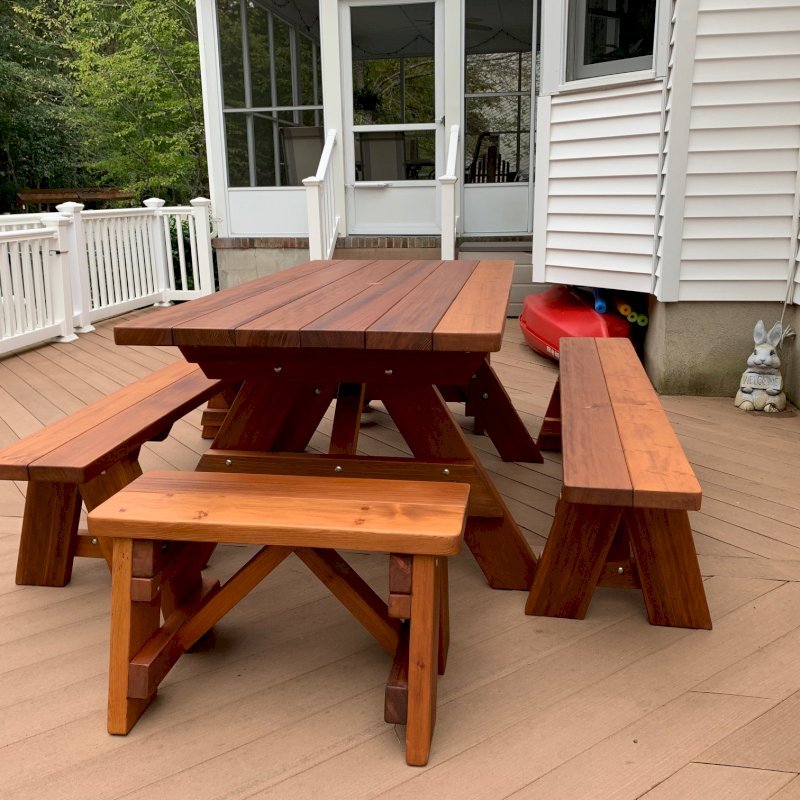 Forever Picnic Table (Unattached Benches) (Options: 6' L, 34 ½" W, Side and End Benches, Old-Growth Redwood, 1 Full Length Bench Per Side, Standard Tabletop, Slightly Rounded Corners, 2" Diameter Umbrella Hole, Transparent Premium Sealant). Photo Courtesy of S. Korotky of Tom's River, New Jersey. Forever Picnic Table (Unattached Benches) (Options: 6' L, 34 ½" W, Side and End Benches, Old-Growth Redwood, 1 Full Length Bench Per Side, Standard Tabletop, Slightly Rounded Corners, 2" Diameter Umbrella Hole, Transparent Premium Sealant). Photo Courtesy of S. Korotky of Tom's River, New Jersey.