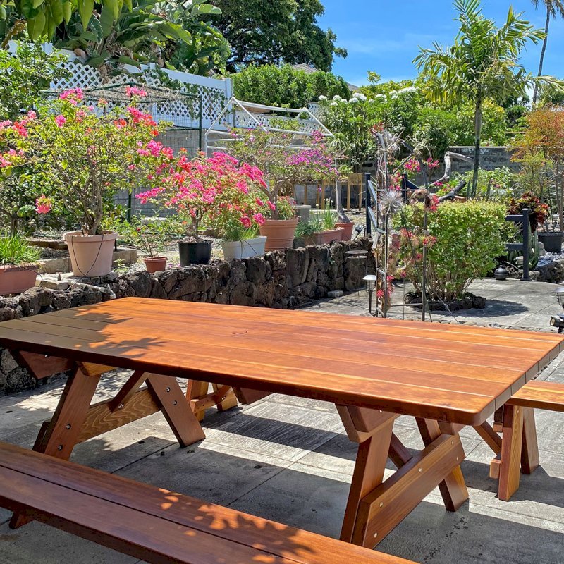Forever Picnic Table (Unattached Benches) (Options: 8' L, 40 ¼" W, Side Benches, California Redwood, 1 Full Length Bench Per Side, Standard Tabletop, Slightly Rounded Corners, 2" Diameter Umbrella Hole, Transparent Premium Sealant). Photo Courtesy of L. Nakmura of Honolulu, Hawaii. Forever Picnic Table (Unattached Benches) (Options: 8' L, 40 ¼" W, Side Benches, California Redwood, 1 Full Length Bench Per Side, Standard Tabletop, Slightly Rounded Corners, 2" Diameter Umbrella Hole, Transparent Premium Sealant). Photo Courtesy of L. Nakmura of Honolulu, Hawaii.