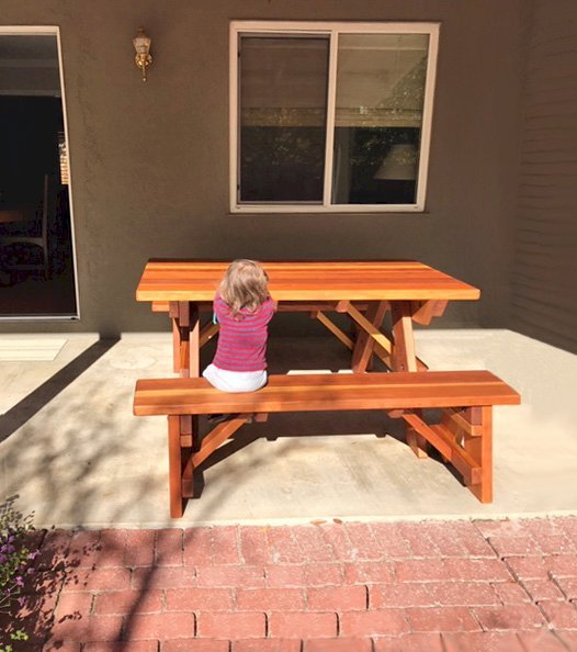 Forever Picnic Tables (Unattached Benches) (Options: 5' L, 34 1/2" W, Side Benches, California Redwood, 1 Full Length Side Benches Per Side, Forever Style Benches, Standard Tabletop, Slightly Rounded Corners, No Umbrella Hole, Transparent Premium Sealant). Photo Courtesy of M. Griffinger of Walnut Creek, CA. Forever Picnic Tables (Unattached Benches) (Options: 5' L, 34 1/2" W, Side Benches, California Redwood, 1 Full Length Side Benches Per Side, Forever Style Benches, Standard Tabletop, Slightly Rounded Corners, No Umbrella Hole, Transparent Premium Sealant). Photo Courtesy of M. Griffinger of Walnut Creek, CA.