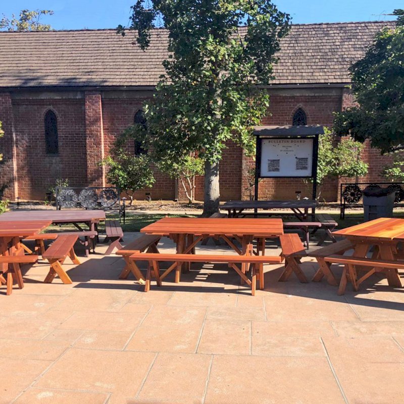 Custom Forever Picnic Tables (Unattached Benches) (Options: 6' L, 28 3/4" W, California Redwood, 1 Full Length Bench Per Side, Standard Tabletop, Slightly Rounded Corners, No Umbrella Hole, Transparent Premium). Tables Placed Together to Create a Square Table. Photo Courtesy of M. Sutton of San Marino, California. Custom Forever Picnic Tables (Unattached Benches) (Options: 6' L, 28 3/4" W, California Redwood, 1 Full Length Bench Per Side, Standard Tabletop, Slightly Rounded Corners, No Umbrella Hole, Transparent Premium). Tables Placed Together to Create a Square Table. Photo Courtesy of M. Sutton of San Marino, California.