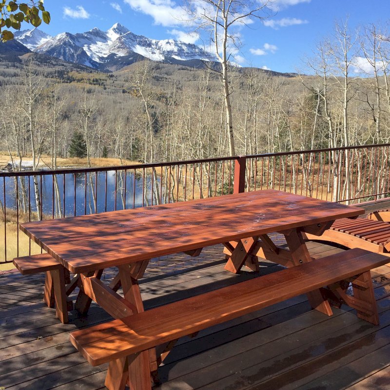 Custom Forever Picnic Tables (Unattached Benches) (Options: 8' L, 40 1/4" W, Old-Growth Redwood, 1 Full Length Bench Per Side, Standard Tabletop, Slightly Rounded Corners, No Umbrella Hole, Transparent Premium Sealant). Photo courtesy of P. Sigel of Telluride, Colorado. Custom Forever Picnic Tables (Unattached Benches) (Options: 8' L, 40 1/4" W, Old-Growth Redwood, 1 Full Length Bench Per Side, Standard Tabletop, Slightly Rounded Corners, No Umbrella Hole, Transparent Premium Sealant). Photo courtesy of P. Sigel of Telluride, Colorado.