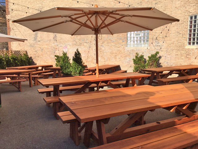 Custom Forever Picnic Tables (Unattached Benches) (Options: 10' L, 34 ½" W, Old-Growth, 2 Full Length Side Benches, Standard Tabletop, Squared Corners, 2 1/2" Umbrella Hole, Standard Leg Flair, Transparent Premium). Using Two Tongue & Groove Matching 5 3/4" Boards to Create the Appearance of an 11 1/2" Wide Board Construction. Photo courtesy of Small Cheval Restaurant, 1732 N Milwaukee Ave, Chicago, IL 60647. Custom Forever Picnic Tables (Unattached Benches) (Options: 10' L, 34 ½" W, Old-Growth, 2 Full Length Side Benches, Standard Tabletop, Squared Corners, 2 1/2" Umbrella Hole, Standard Leg Flair, Transparent Premium). Using Two Tongue & Groove Matching 5 3/4" Boards to Create the Appearance of an 11 1/2" Wide Board Construction. Photo courtesy of Small Cheval Restaurant, 1732 N Milwaukee Ave, Chicago, IL 60647.