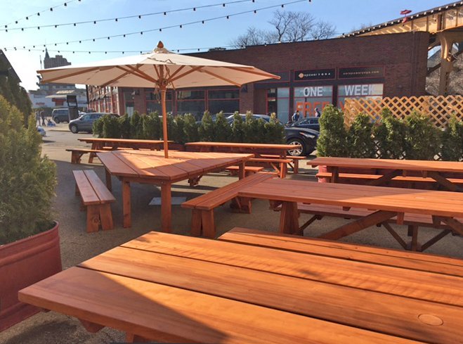 Custom Forever Picnic Tables (Unattached Benches) (Options: 10' L, 34 ½" W, Old-Growth, 2 Full Length Side Benches, Standard Tabletop, Squared Corners, 2 1/2" Umbrella Hole, Standard Leg Flair, Transparent Premium). Using Two Tongue & Groove Matching 5 3/4" Boards to Create the Appearance of an 11 1/2" Wide Board Construction. Photo Also Shows a Custom Triangular Picnic Table Set. Photo courtesy of Small Cheval Restaurant, 1732 N Milwaukee Ave, Chicago, IL 60647. Custom Forever Picnic Tables (Unattached Benches) (Options: 10' L, 34 ½" W, Old-Growth, 2 Full Length Side Benches, Standard Tabletop, Squared Corners, 2 1/2" Umbrella Hole, Standard Leg Flair, Transparent Premium). Using Two Tongue & Groove Matching 5 3/4" Boards to Create the Appearance of an 11 1/2" Wide Board Construction. Photo Also Shows a Custom Triangular Picnic Table Set. Photo courtesy of Small Cheval Restaurant, 1732 N Milwaukee Ave, Chicago, IL 60647.