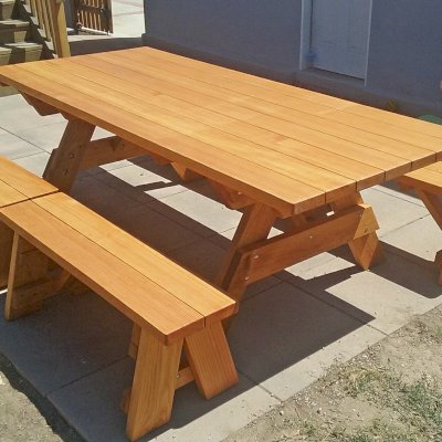 Forever Picnic Tables (Unattached Benches) (Options: 8' L, 40 ¼in W, Side Benches, Douglas-fir, 2 Half Length Side Benches Per Side, Standard Tabletop, Slightly Rounded Corners, No Umbrella Hole, Transparent Premium Sealant). Photo Courtesy of C. Fricke of Harbor City, CA.
