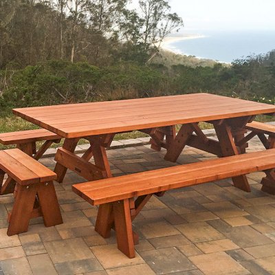 Forever Picnic Tables (Unattached Benches) (Options: 8' L, 40 ¼in W, Side & End Benches, Old-Growth Redwood, 1 Full Length Side Bench Per Side, Standard Tabletop, Squared Corners, No Umbrella Hole, Transparent Premium Sealant). Photo Courtesy of Daniel Sorensen of Half Moon Bay, CA.