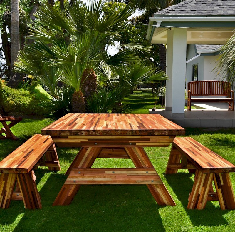 Forever Picnic Tables (Unattached Benches) (Options: 6' L, 46" W, Side Benches, Mosaic Eco-Wood, 1 Full Length Side Benchs Per Side, Seamless Tabletop, Slightly Rounded Corners, No Umbrella Hole, Transparent Premium Sealant). Forever Picnic Tables (Unattached Benches) (Options: 6' L, 46" W, Side Benches, Mosaic Eco-Wood, 1 Full Length Side Benchs Per Side, Seamless Tabletop, Slightly Rounded Corners, No Umbrella Hole, Transparent Premium Sealant).