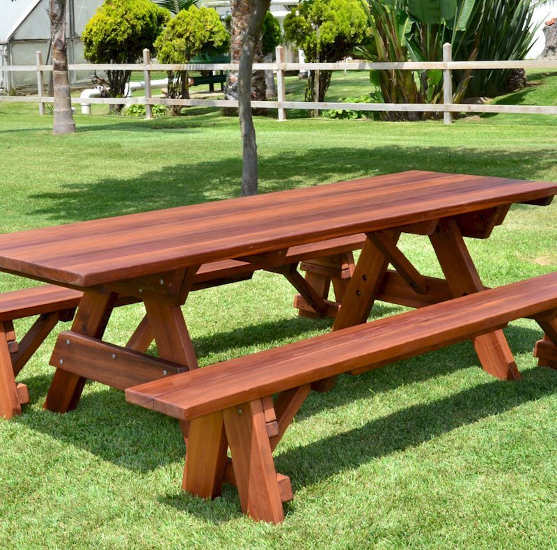 Forever Picnic Tables (Unattached Benches) (Options: 8' L, 34 ½" W, Side Benches, Old-Growth Redwood, 1 Full Length Side Benches Per Side, Standard Tabletop, Slightly Rounded Corners, No Umbrella Hole, Transparent Premium Sealant). Forever Picnic Tables (Unattached Benches) (Options: 8' L, 34 ½" W, Side Benches, Old-Growth Redwood, 1 Full Length Side Benches Per Side, Standard Tabletop, Slightly Rounded Corners, No Umbrella Hole, Transparent Premium Sealant).