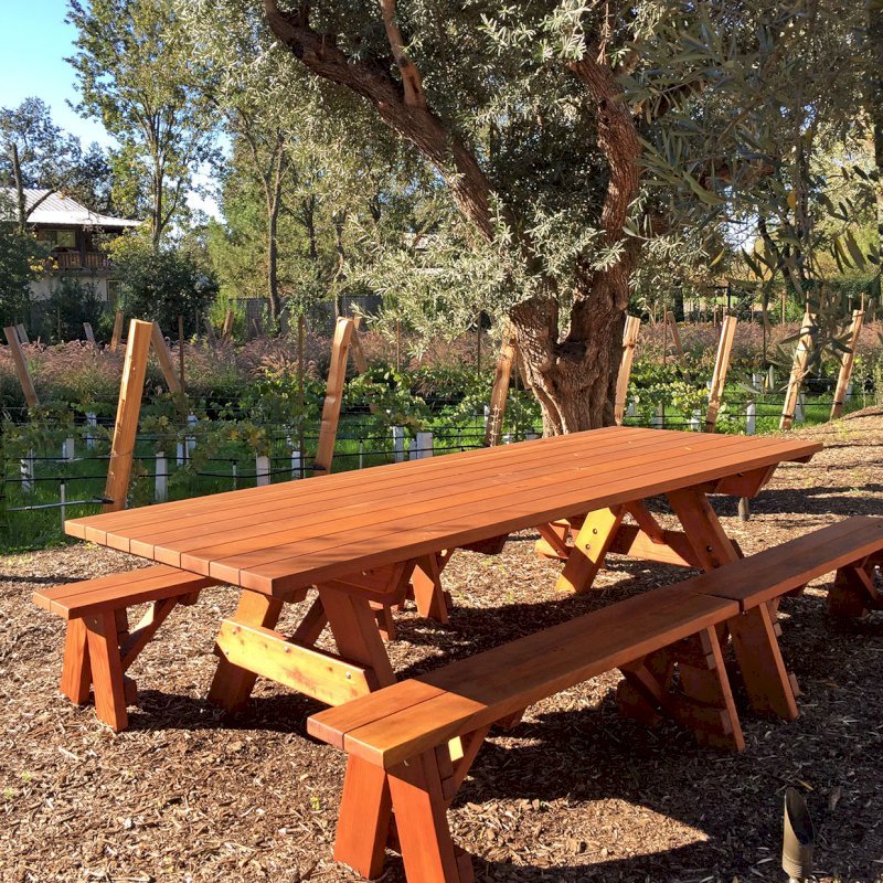 Forever Picnic Tables (Unattached Benches) (Options: 10' L, 46" W, Side Benches, Mature Redwood, 2 Half Length Benches Per Side, Standard Tabletop, Square Corners, 2" Umbrella Hole, Transparent Premium Sealant). Photo Courtesy of H. Williams of Sonoma, CA. Forever Picnic Tables (Unattached Benches) (Options: 10' L, 46" W, Side Benches, Mature Redwood, 2 Half Length Benches Per Side, Standard Tabletop, Square Corners, 2" Umbrella Hole, Transparent Premium Sealant). Photo Courtesy of H. Williams of Sonoma, CA.