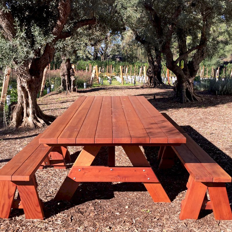 Forever Picnic Tables (Unattached Benches) (Options: 10' L, 46" W, Side Benches, Mature Redwood, 2 Half Length Benches Per Side, Standard Tabletop, Square Corners, 2" Umbrella Hole, Transparent Premium Sealant). Photo Courtesy of H. Williams of Sonoma, CA. Forever Picnic Tables (Unattached Benches) (Options: 10' L, 46" W, Side Benches, Mature Redwood, 2 Half Length Benches Per Side, Standard Tabletop, Square Corners, 2" Umbrella Hole, Transparent Premium Sealant). Photo Courtesy of H. Williams of Sonoma, CA.