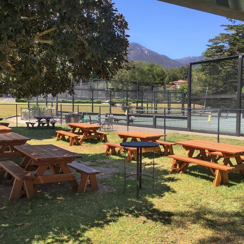Forever Picnic Tables (Unattached Benches) (Options: 6' L, 34 ½" W, Side Benches, California Redwood, 1 Full Length Side Bench Per Side, Standard Tabletop, Squared Corners, No Umbrella Hole, Transparent Premium Sealant). Photo Courtesy of The Knowlwood Tennis Club of Santa Barbara, CA Forever Picnic Tables (Unattached Benches) (Options: 6' L, 34 ½" W, Side Benches, California Redwood, 1 Full Length Side Bench Per Side, Standard Tabletop, Squared Corners, No Umbrella Hole, Transparent Premium Sealant). Photo Courtesy of The Knowlwood Tennis Club of Santa Barbara, CA