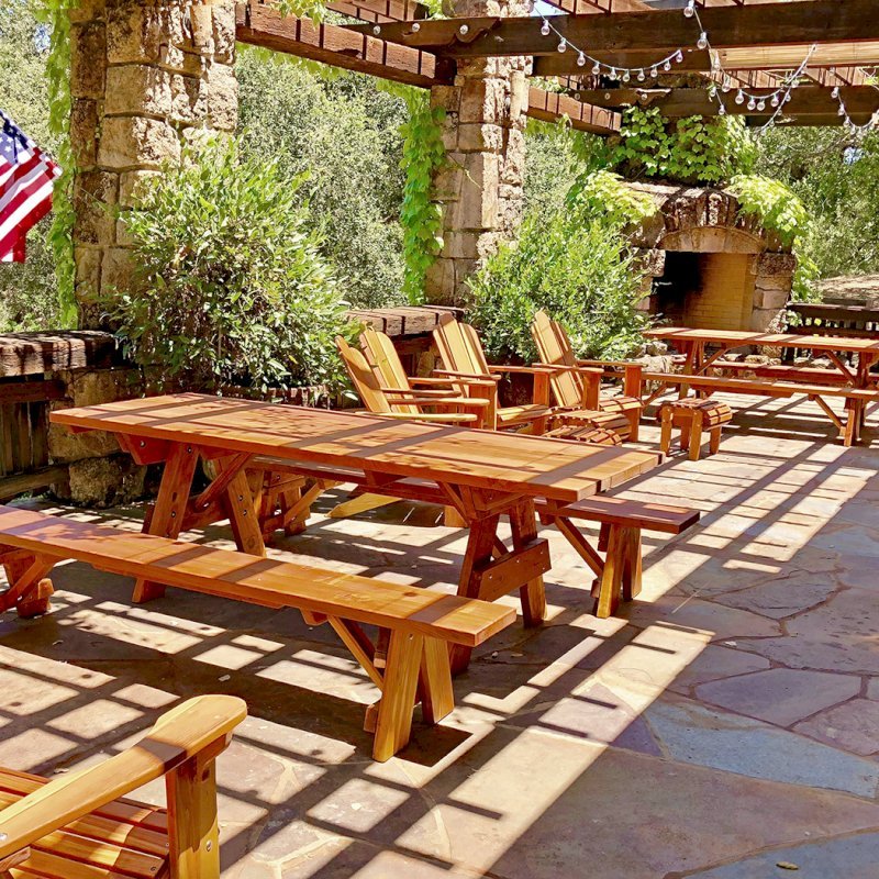 Forever Picnic Tables (Unattached Benches) (Options: 8' L, 34 1/2" W, Side Benches, California Redwood, 1 Full Length Side Bench Per Side, Standard Tabletop, Squared Corners, No Umbrella Hole, Transparent Premium Sealant). Photo Courtesy of K. Schaeffer of Calistoga, CA. Forever Picnic Tables (Unattached Benches) (Options: 8' L, 34 1/2" W, Side Benches, California Redwood, 1 Full Length Side Bench Per Side, Standard Tabletop, Squared Corners, No Umbrella Hole, Transparent Premium Sealant). Photo Courtesy of K. Schaeffer of Calistoga, CA.
