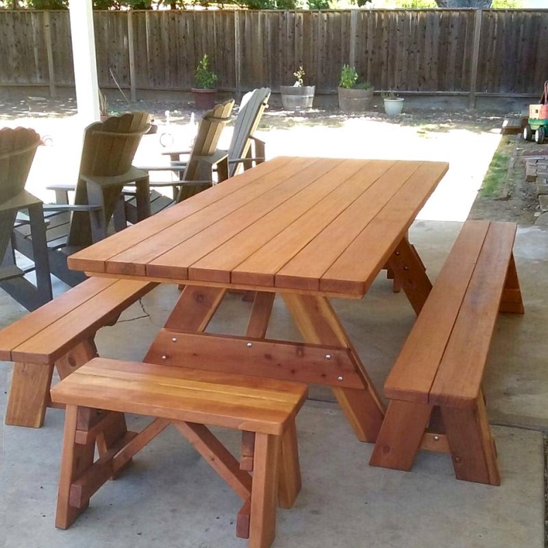 Forever Picnic Tables (Unattached Benches) (Options: 8' L, 40 1/4" W, Side & End Benches, California Redwood, 1 Full Length Side Benches Per Side, Standard Tabletop, Slightly Rounded Corners, No Umbrella Hole, Transparent Premium Sealant). Photo Courtesy of M. Lahl of Concord, CA. Forever Picnic Tables (Unattached Benches) (Options: 8' L, 40 1/4" W, Side & End Benches, California Redwood, 1 Full Length Side Benches Per Side, Standard Tabletop, Slightly Rounded Corners, No Umbrella Hole, Transparent Premium Sealant). Photo Courtesy of M. Lahl of Concord, CA.