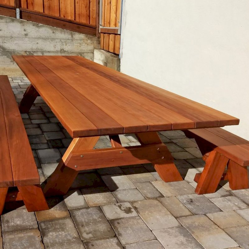 Forever Picnic Tables (Unattached Benches) (Options: 10' L, 40 1/4" W, Side Benches, Mature Redwood, 1 Full Length Bench Per Side, Standard Tabletop, Squared Corners, 1 5/8" Umbrella Hole, Transparent Premium Sealant). Photo Courtesy of R. Miller of Millbrae, CA. Forever Picnic Tables (Unattached Benches) (Options: 10' L, 40 1/4" W, Side Benches, Mature Redwood, 1 Full Length Bench Per Side, Standard Tabletop, Squared Corners, 1 5/8" Umbrella Hole, Transparent Premium Sealant). Photo Courtesy of R. Miller of Millbrae, CA.