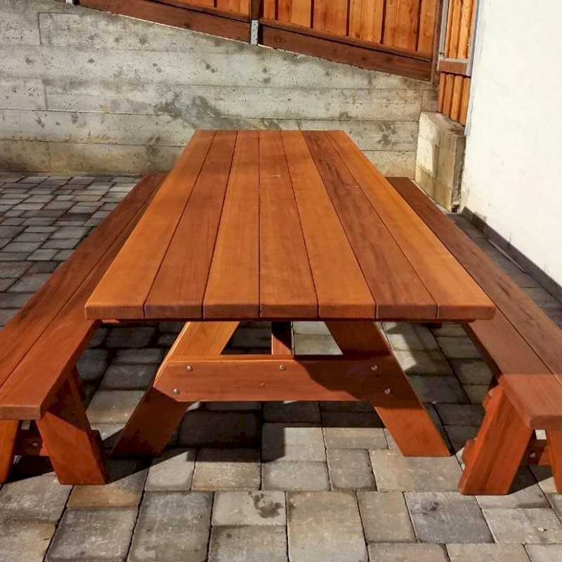 Forever Picnic Tables (Unattached Benches) (Options: 10' L, 40 1/4" W, Side Benches, Mature Redwood, 1 Full Length Bench Per Side, Standard Tabletop, Squared Corners, 1 5/8" Umbrella Hole, Transparent Premium Sealant). Photo Courtesy of R. Miller of Millbrae, CA. Forever Picnic Tables (Unattached Benches) (Options: 10' L, 40 1/4" W, Side Benches, Mature Redwood, 1 Full Length Bench Per Side, Standard Tabletop, Squared Corners, 1 5/8" Umbrella Hole, Transparent Premium Sealant). Photo Courtesy of R. Miller of Millbrae, CA.