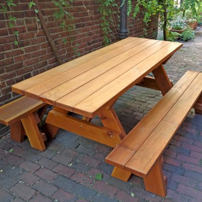 Forever Picnic Tables (Unattached Benches) (Options: 6' L, 34 ½" W, Side Benches, California Redwood, 1 Full Length Side Benches Per Side, Standard Tabletop, Slightly Rounded Corners, No Umbrella Hole, Transparent Premium Sealant). Photo Courtesy of Steve Vincent.